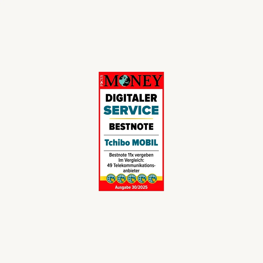 Tchibo MOBIL Auszeichnung für digitalen Service, Bestnote 11x vergeben im Vergleich von 49 Telekommunikationsanbietern, Ausgabe 30/2025.