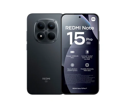 Zwei schwarze Redmi Note 15 Pro 5G Smartphones. Eines zeigt die Rückseite mit einem großen runden 200MP Kameramodul, das andere die Vorderseite mit dem Schriftzug 'REDMI Note 15 Pro 5G' und Merkmalen wie 6580mAh Akku, Corning Gorilla Glass Victus 2 mit IP68 und MediaTek Dimensity 7400-Ultra Prozessor.