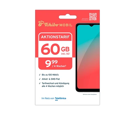 Rote Tchibo Mobil Werbekarte für den Aktionstarif mit 60 GB (inkl. 5G) für 9,99 € pro 4 Wochen, Allnet- & SMS-Flat, im Telefónica Netz.