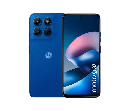 Blaues Motorola moto g37 5G Smartphone in Nautical Blue, von hinten und vorne gezeigt. Die texturierte Rückseite hat ein Motorola-Logo und ein Kameramodul mit vier Linsen. Die Vorderseite zeigt den Bildschirm mit einem bunten Hintergrundbild und dem Schriftzug „moto g 37“.