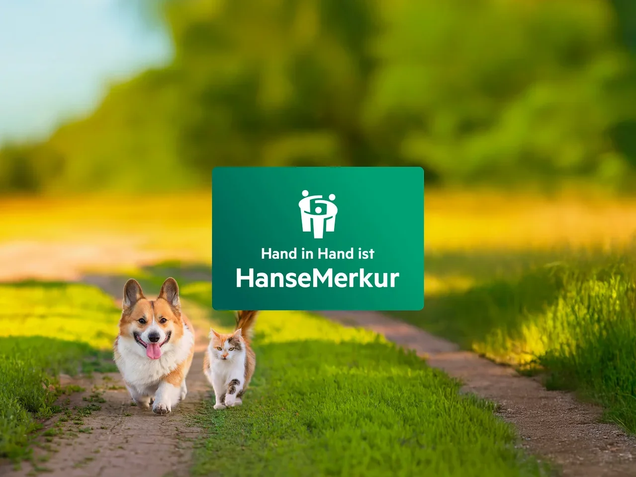 Auf einem grasbewachsenen Weg laufen ein Hund und eine Katze auf ein grünes HanseMerkur-Logo zu.