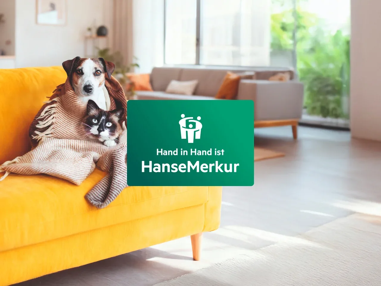 Hund und Katze sitzen auf gelbem Sofa unter einer Decke. Im Vordergrund ist ein grünes HanseMerkur Logo zu sehen.