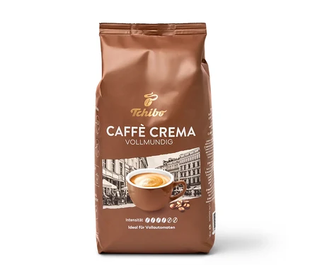 Braune 1 kg Packung Tchibo Caffè Crema Vollmundig ganze Bohne mit Abbildung einer Kaffeetasse und Bohnen.