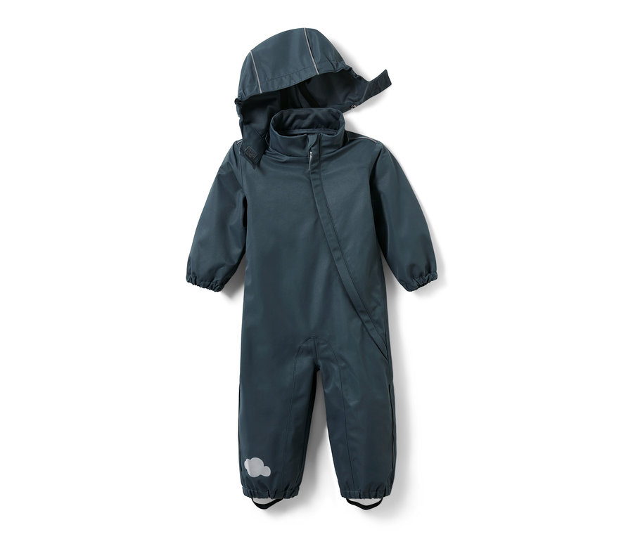 Kleinkinder-Regeneinteiler in Schieferblau mit Kapuze und Reißverschluss.