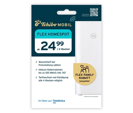 SIM-Karte für Flex Homespot-Tarif neben Tarifinformationen und 5G Homespot abgebildet.