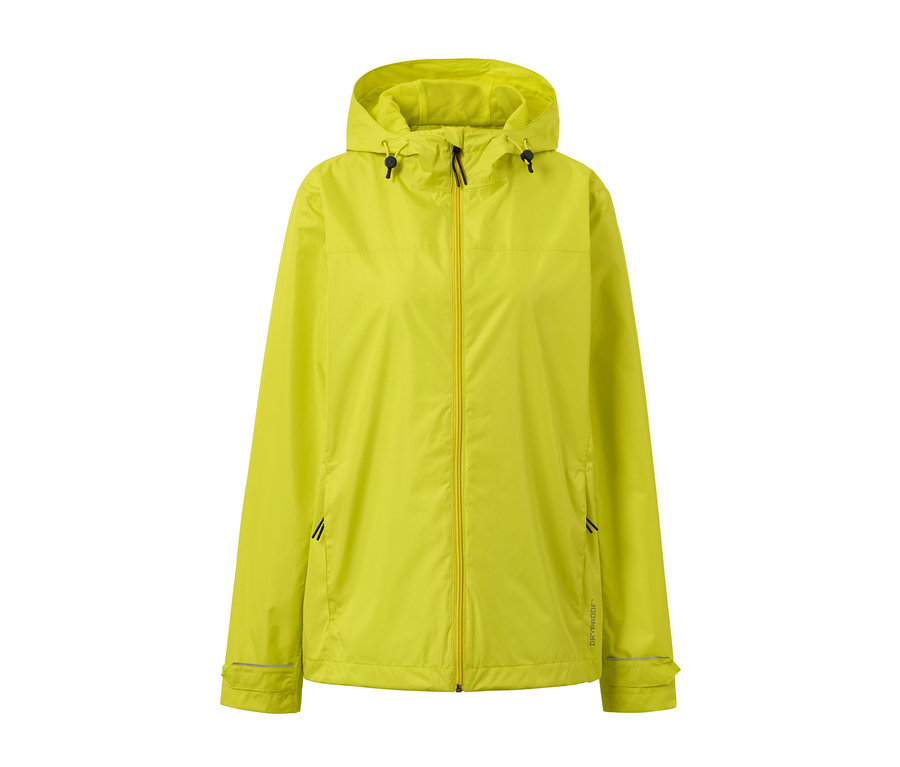Gelbe Regenjacke mit Kapuze.