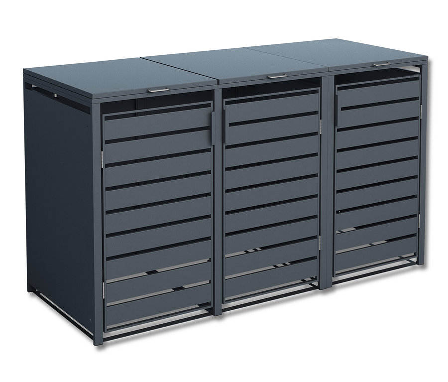 Eine graue Mülltonnenbox aus Stahl für 3 Tonnen.