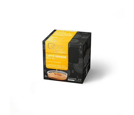 Schwarze und gelbe Qbo Caffè Grande BELO SUL Kapselpackung mit 8 Kapseln, darauf ein Bild von Kaffee mit Crema und Intensität 5/10.