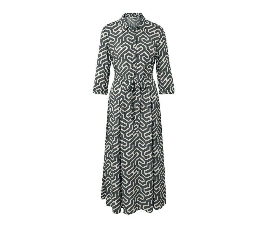 Ein bedrucktes Hemdblusenkleid mit Knopfverschluss, Dreiviertelärmeln und Gürtel.