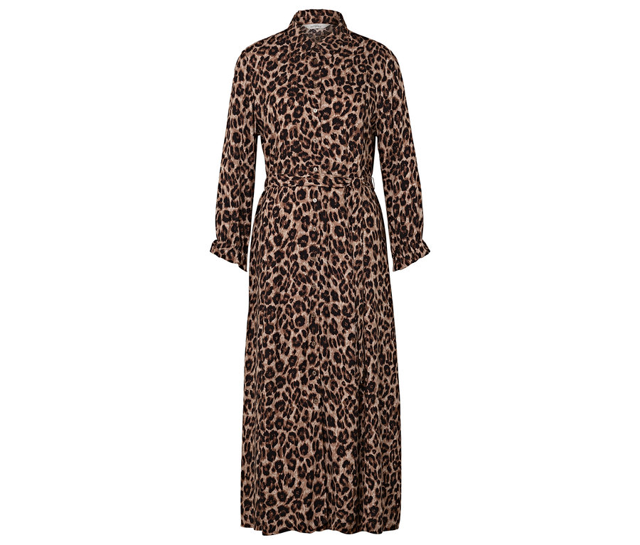 Ganzkörperansicht eines Hemdblusenkleids mit durchgehendem Leopardenmuster, langen Ärmeln und Gürtel.