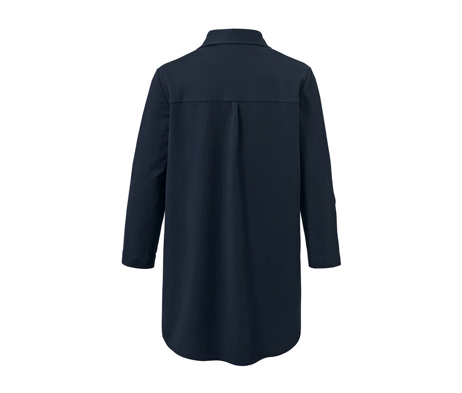 Dunkelblaue Piqué-Jerseybluse von hinten.