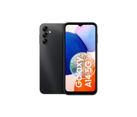Zwei schwarze Samsung Galaxy A14 5G 64GB liegen nebeneinander; eines zeigt die Rückseite, das andere die Vorderseite mit Display.