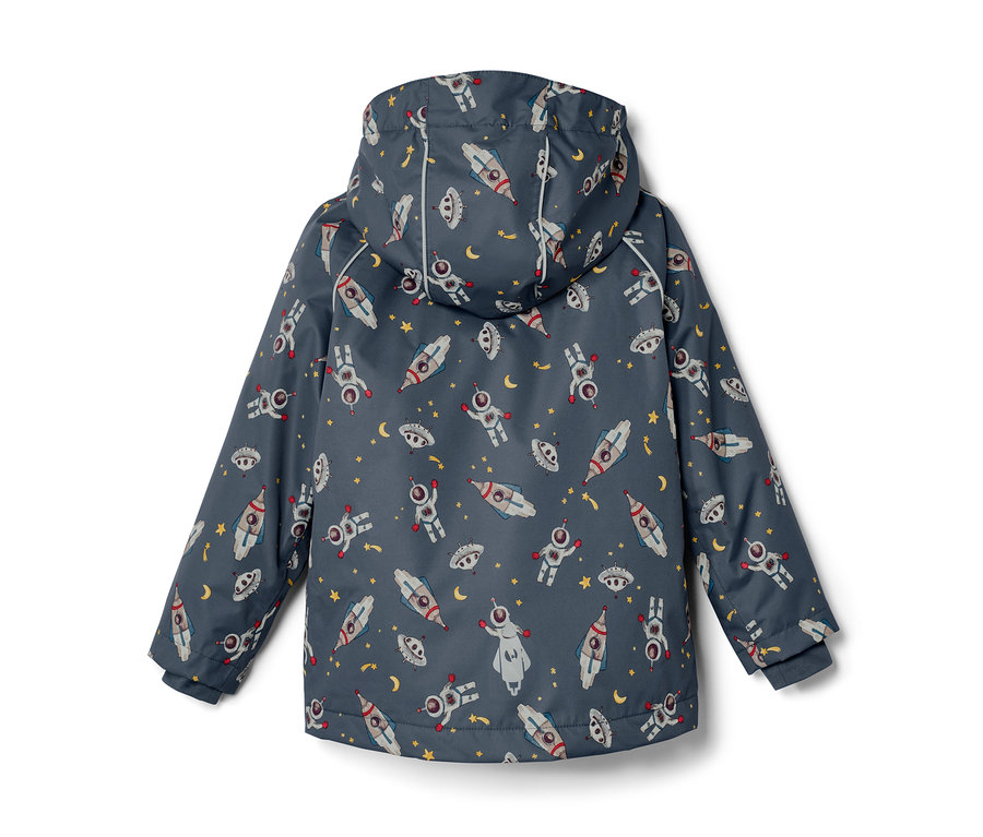 Dunkelblaue Kinder-Thermo-Regenjacke mit Weltraumaufdruck.