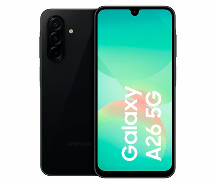 Schwarzes Samsung Galaxy A26 5G mit 128 GB Speicher.
