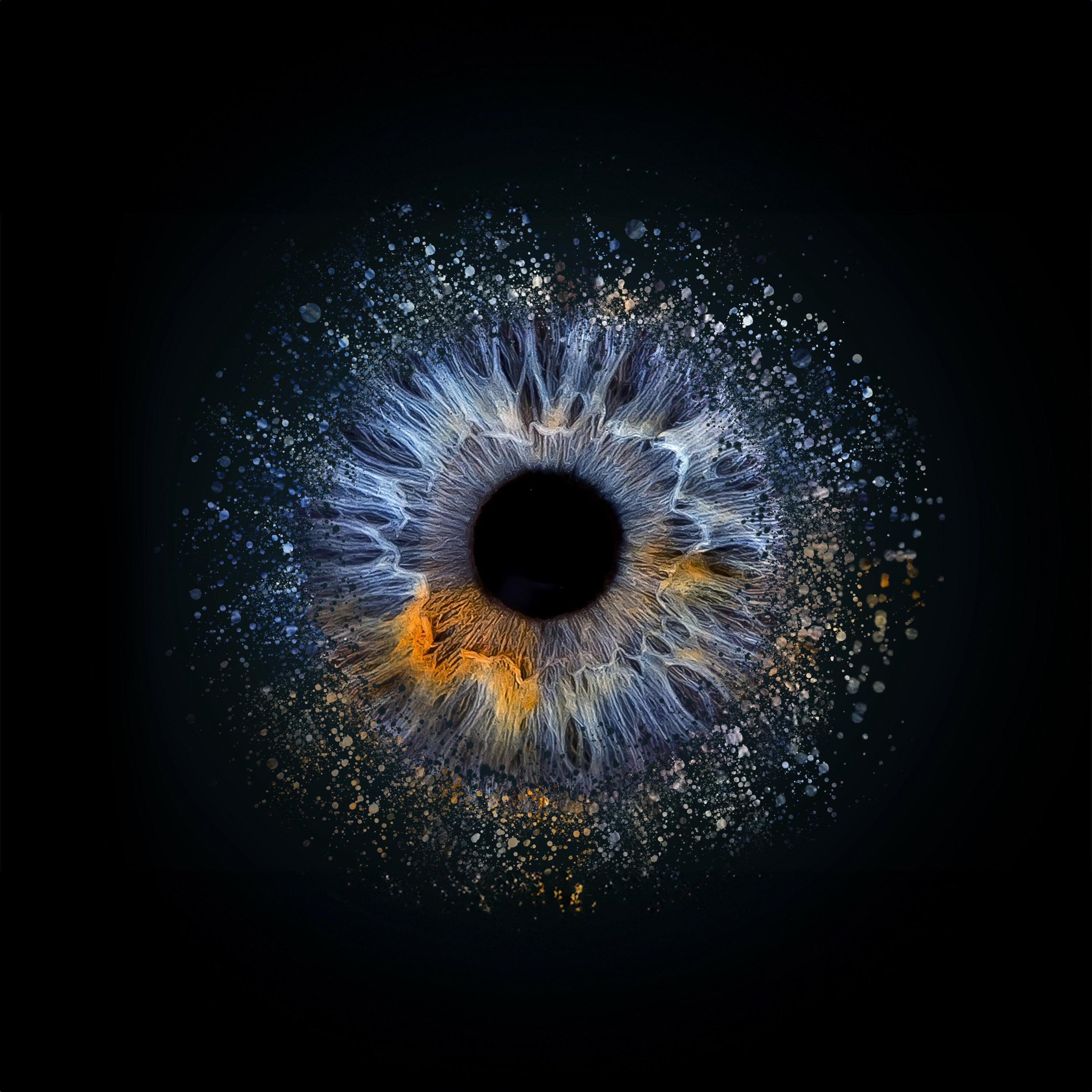 Nahaufnahme eines menschlichen Auges mit blauen und gelben Farbtönen, umgeben von kleinen Farbpartikeln auf schwarzem Hintergrund.