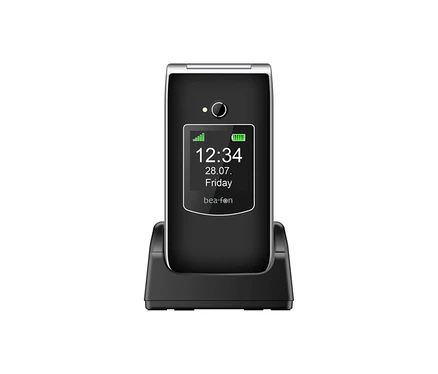 Schwarzes Bea-fon SL605 LTE Mobiltelefon in Ladestation.