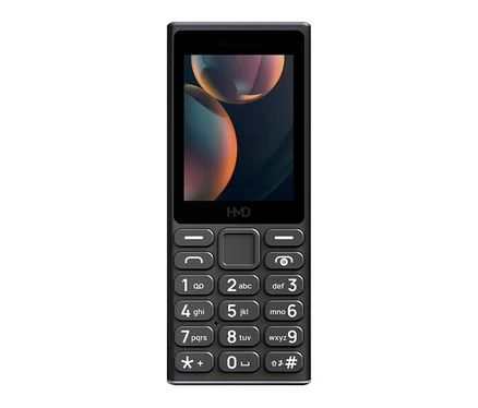 Schwarzes HMD 105 4G Mobiltelefon mit kleinem Farbbildschirm, der abstrakte Formen zeigt, und einer Zifferntastatur.