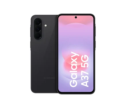 Schwarzes Samsung Galaxy A37 5G Smartphone, Vorderseite mit "Galaxy A37 5G" Text, Rückseite mit Kameras und Samsung Logo.