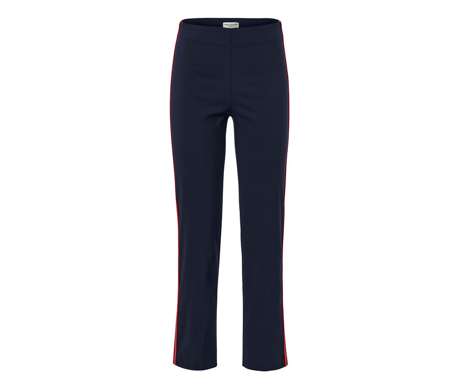 Dunkelblaue Stretchhose mit roten Galonstreifen an den Seiten.