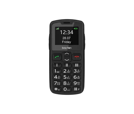 Schwarzes Mobiltelefon Bea-fon SL230 LTE mit Tasten und einem Bildschirm, der die Uhrzeit anzeigt.