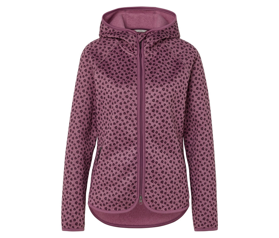 Lila Damen-Fleecejacke mit Kapuze und Punktmuster.
