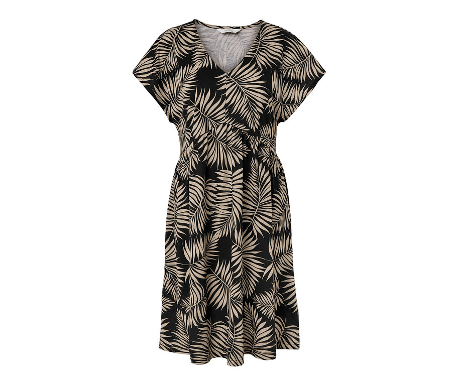 Ein bedrucktes Jerseykleid mit Blättern in Schwarz und Beige.