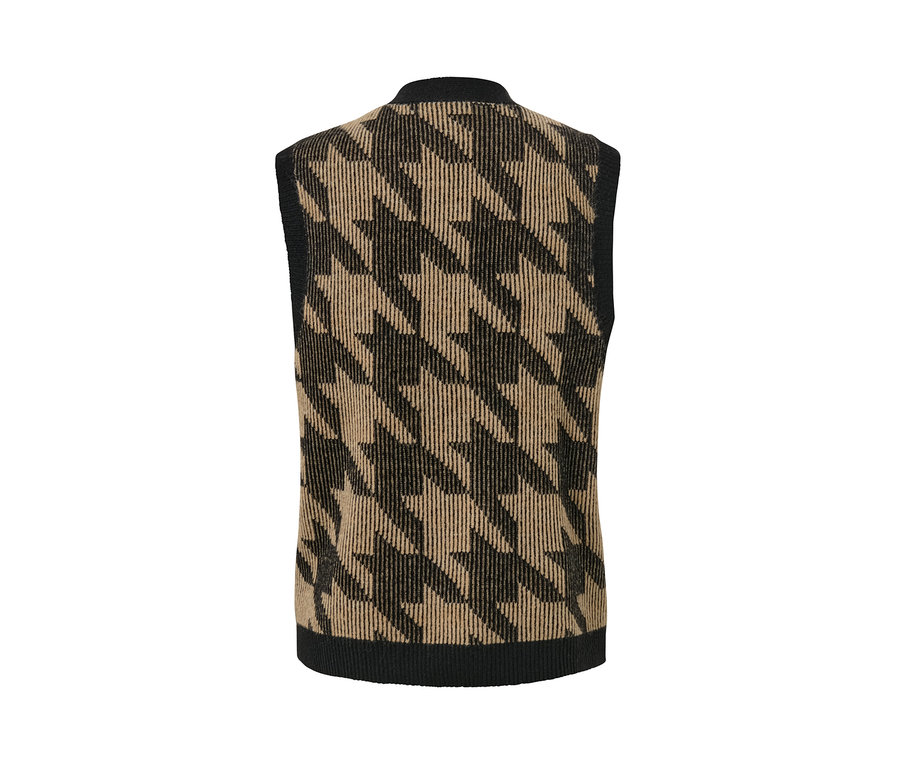 Rückansicht einer Strickweste mit Hahnentritt-Jacquard.