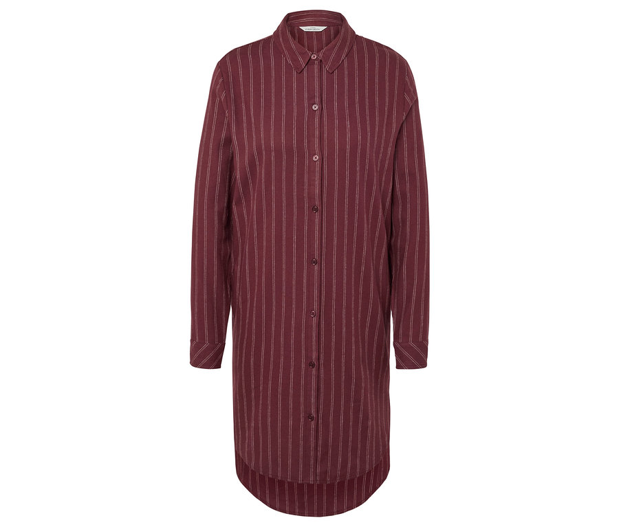 Burgunderfarbenes Streifen-Hemdkleid mit langen Ärmeln und Knöpfen.