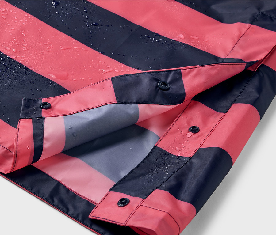 Detailansicht eines pink-schwarzen Regenponchos mit Druckknöpfen.
