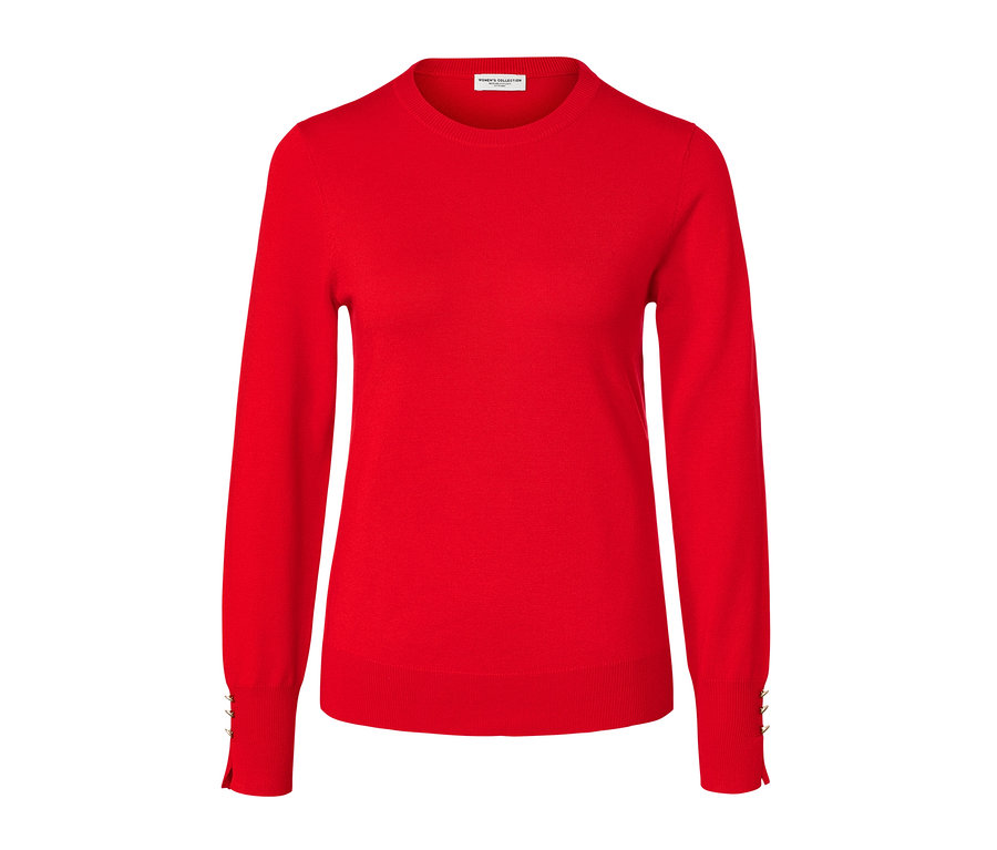 Roter Feinstrickpullover.