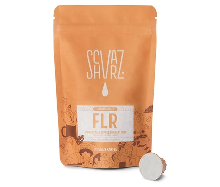 Eine Packung Schvarz - FLR Espresso - 10 Kapseln steht neben einer einzelnen Kapsel auf weißem Grund.