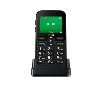 Schwarzes Doro Leva E10 LTE Mobiltelefon in einer schwarzen Ladestation. Das grüne Display zeigt 09:10 Uhr an.