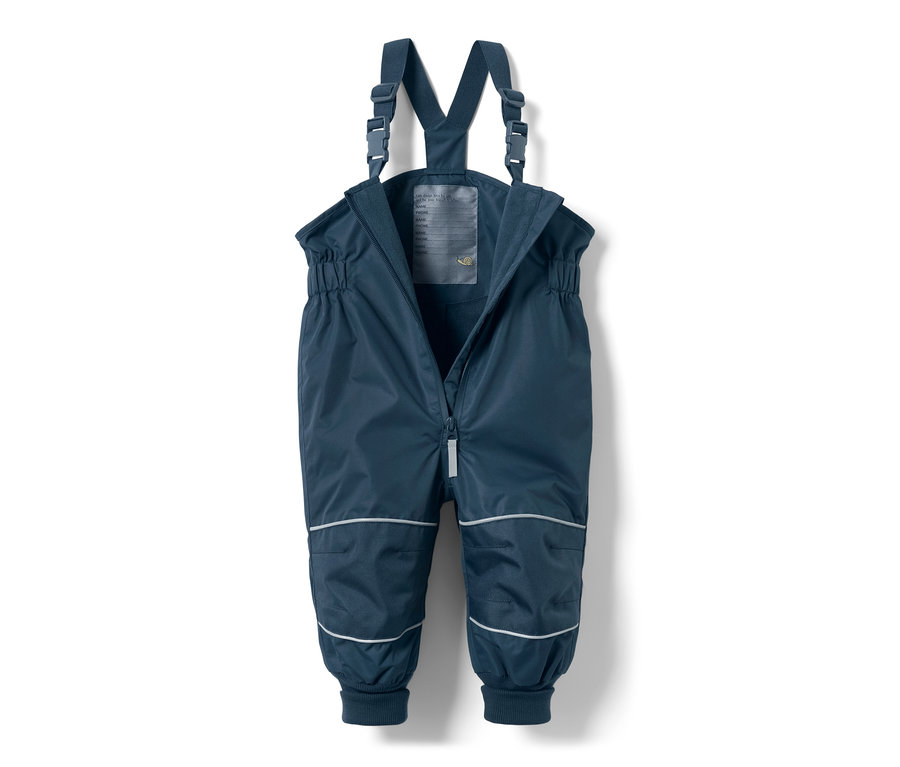 Dunkelblaue Kleinkinder-Regenhose mit Latz und Reißverschluss.