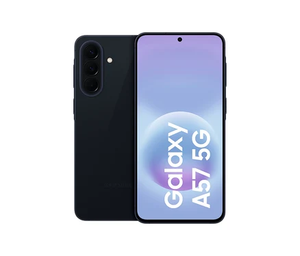 Dunkelblaues Samsung Galaxy A57 5G Smartphone, von vorne und hinten gezeigt. Auf dem Bildschirm steht 'Galaxy A57 5G'.