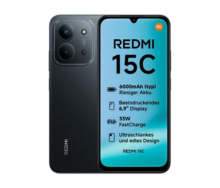Ein schwarzes Xiaomi Redmi 15C Smartphone, von vorne und hinten gezeigt. Auf dem Display sind Spezifikationen wie 6000mAh Akku, 6,9 Zoll Display, 33W FastCharge und ultraschlankes Design zu sehen.