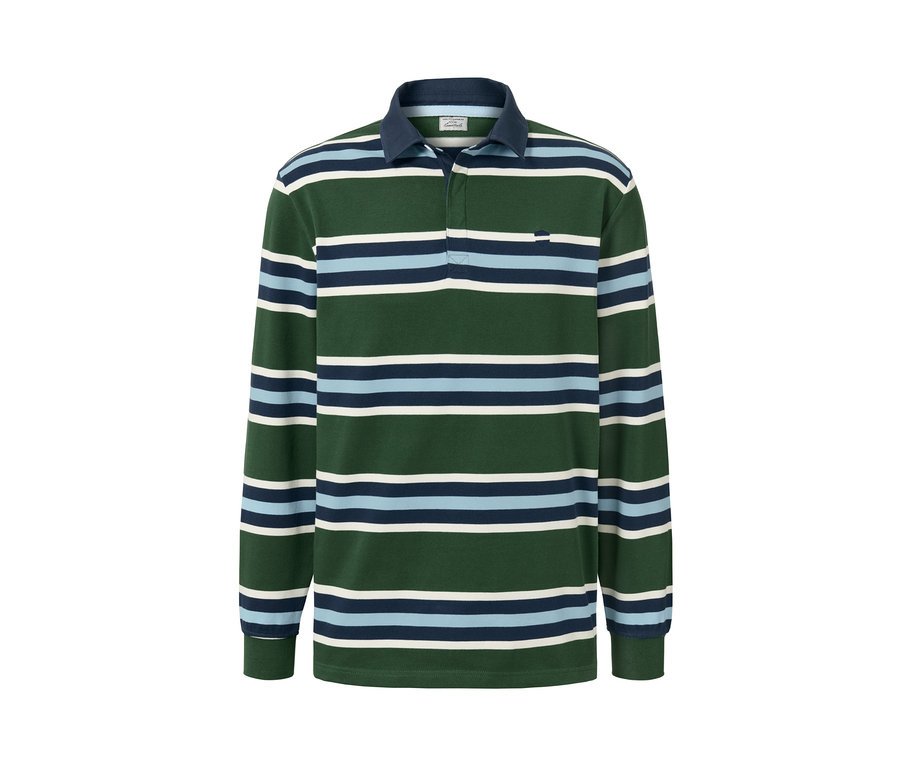 Ein grünes Langarm-Poloshirt mit horizontalen blauen und weißen Streifen.