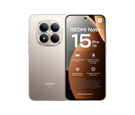 Xiaomi Redmi Note 15 Pro 5G Smartphone in Titanfarbe, von hinten mit vier Kameralinsen und von vorne mit Display, das 6580mAh Akku und 200MP Kamera hervorhebt.