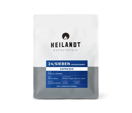Weiß-graue Kaffeepackung von Heilandt Kaffeerösterei, 24/Sieben entkoffeinierter Espresso mit Noten von Kirsche und Brownie, 100% Arabica aus Kolumbien.