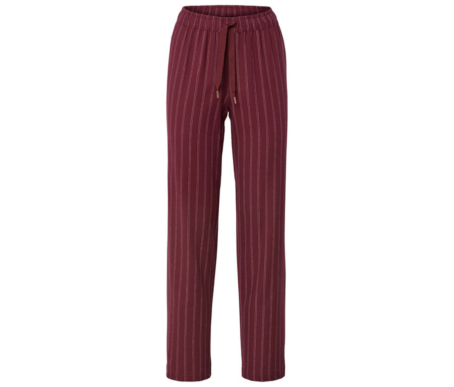 Eine weinrote, gestreifte Hose mit Kordelzug.