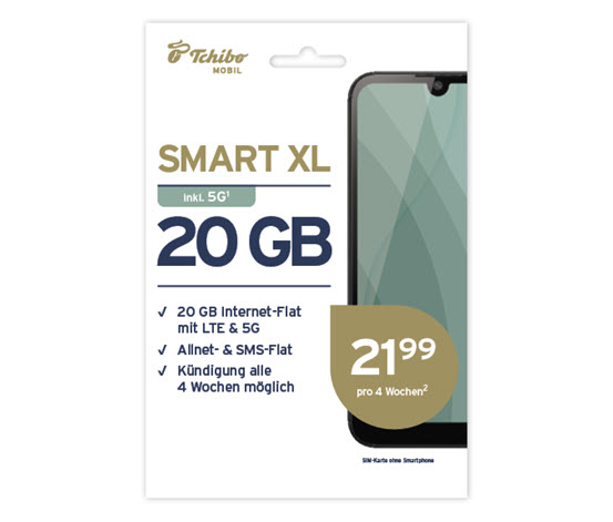 Smart XL mit 20 GB für 21,99€ pro 4 Wochen online bestellen bei Tchibo  531014